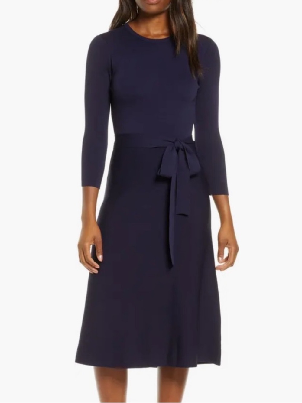 Eliza J Fit & Flare 3/4 Sleeve Crewneck Tie Waist  Knit Dress, Navy, Sz S, NWT